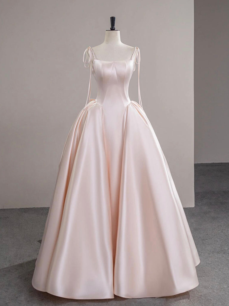 A-Line Satin Pink Champagne Long Prom Dress, Pink Champagne Long Forma – shopluu