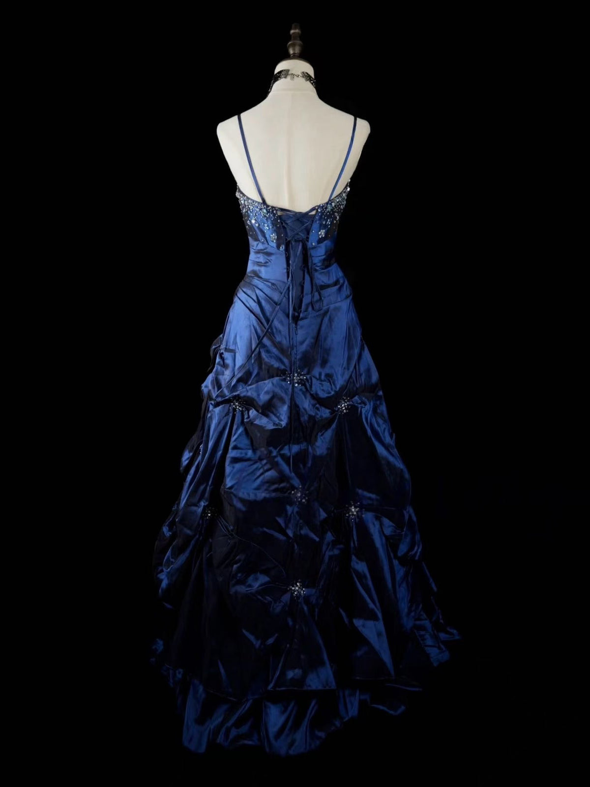 Navy Blue Beaded A-Line Long Prom Dress with Spaghetti Straps