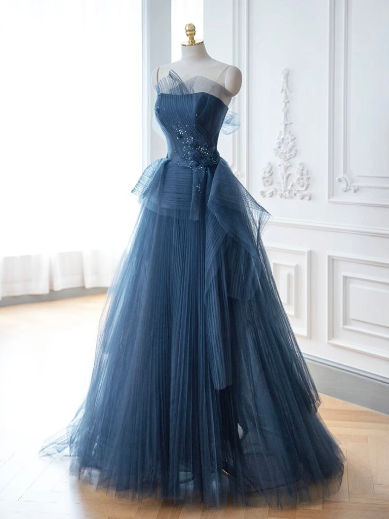 A- Line Tulle Sequin Dark Blue Long Prom Dress, Dark Blue Long Evening Dress