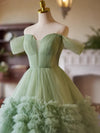 A-Line off Shoulder Tulle Green Long Prom Dress, Green Sweet 16 Dress