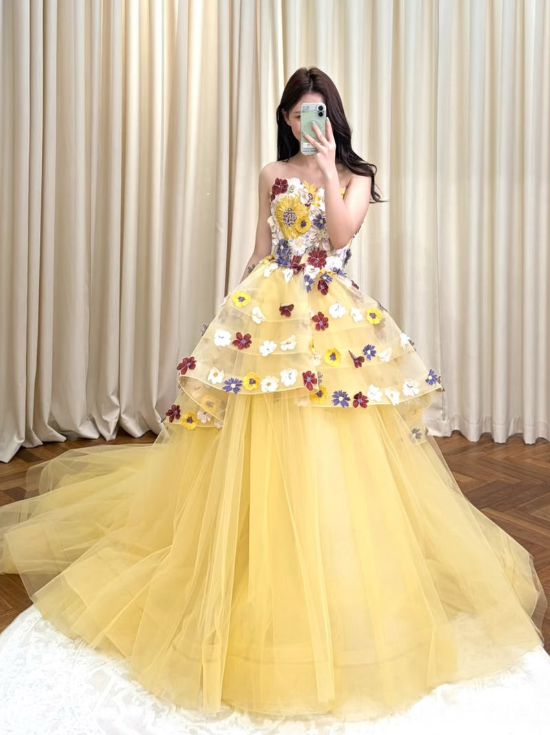 A-line Sweep Train Tulle Yellow Prom Dress with Lace Applique – shopluu
