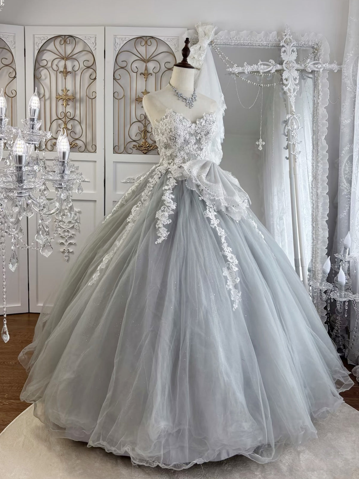 A-line Sweetheart Tulle Lace Floor Length Gray Prom Dress