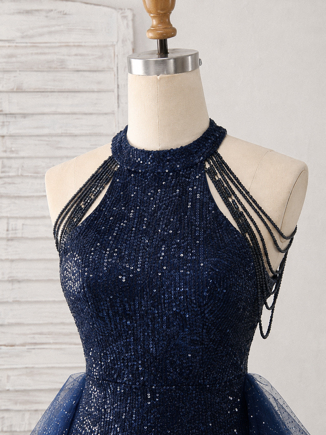 A-line Sequin High Low Tulle Dark Blue Prom Dress with Beads