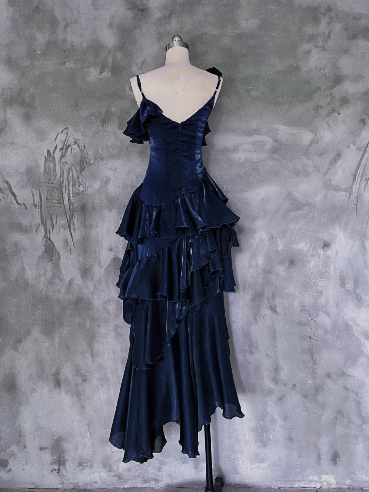 A-line Off Shoulder Silk Ruffles Dark Blue Prom Dress, Dark Blue Party Dress