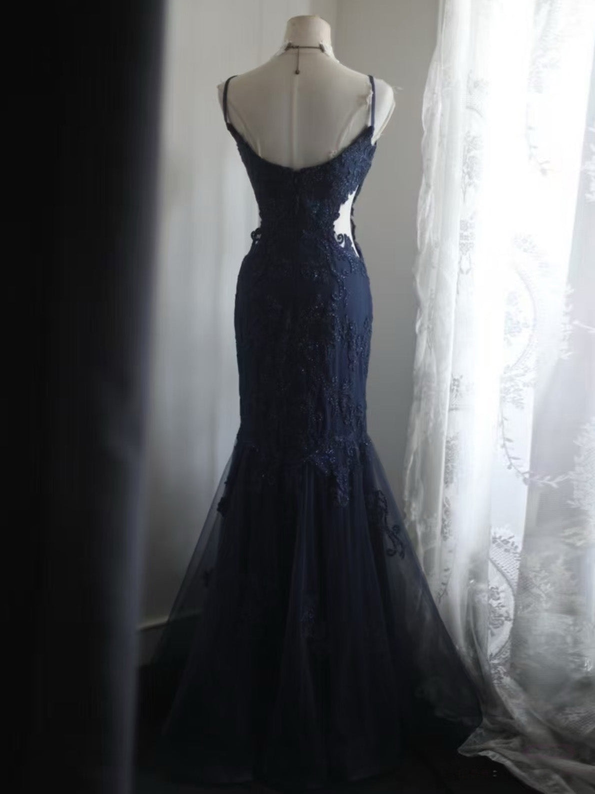 Mermaid Spoon Neck Tulle Lace Dark Blue Long Prom Dress