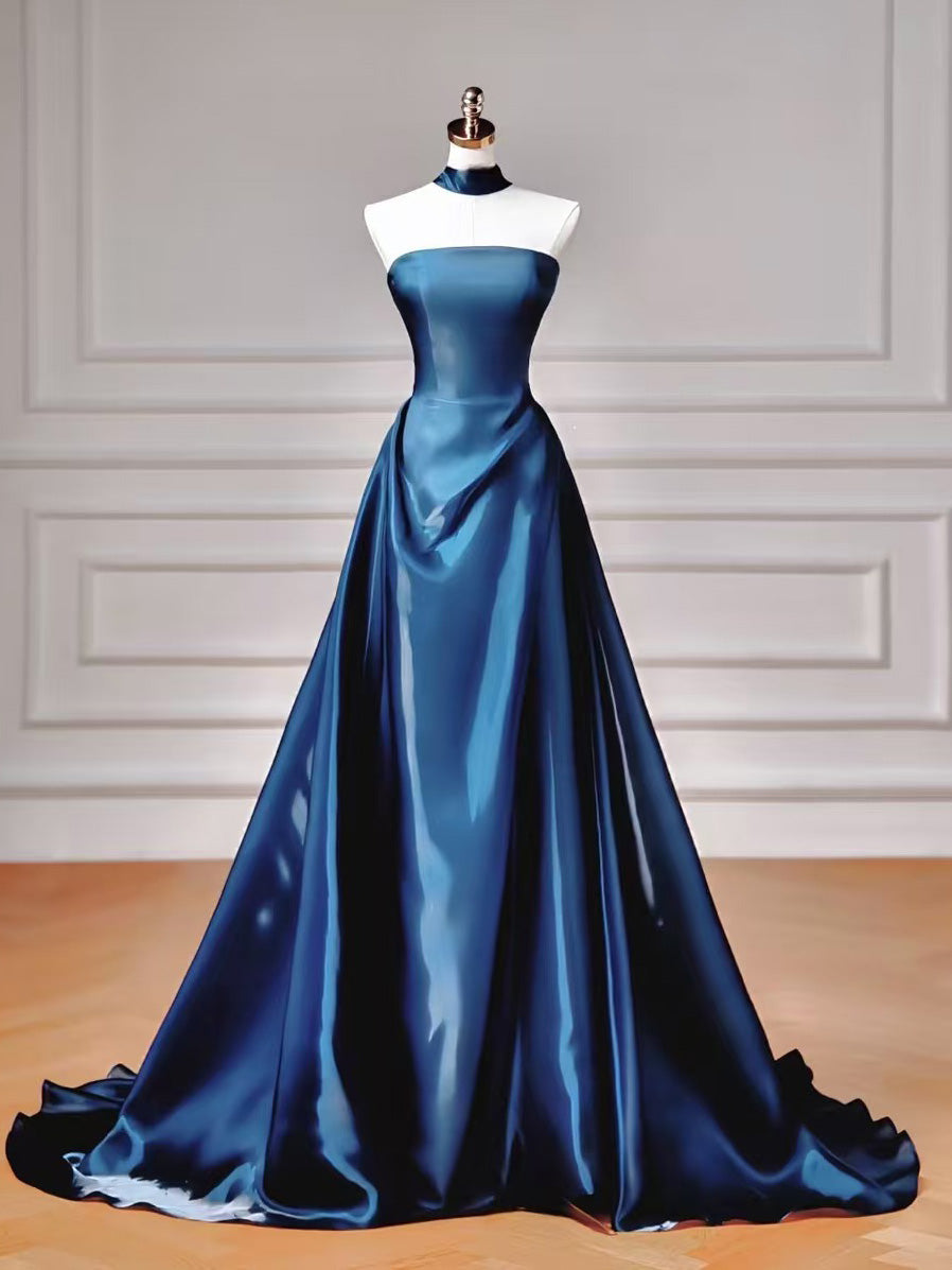 A-line Off Shoulder Sweep Train Blue Long Prom Dress Blue Party Dress