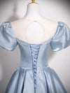 A-Line Puff Sleeves Satin Blue Long Prom Dress, Blue Long Formal Dress