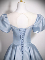 A-Line Puff Sleeves Satin Blue Long Prom Dress, Blue Long Formal Dress