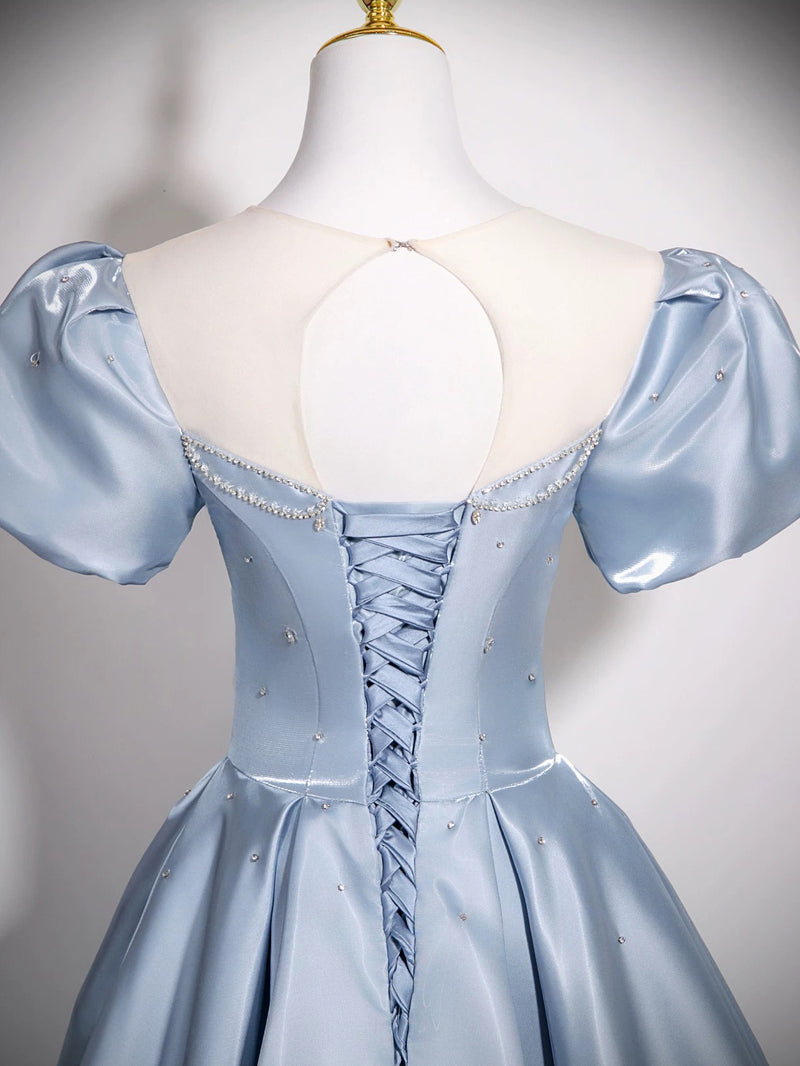 A-Line Puff Sleeves Satin Blue Long Prom Dress, Blue Long Formal Dress