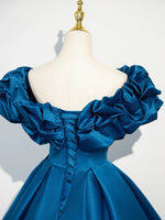 A-Line Off Shoulder Satin Blue Long Prom Dress, Blue Long Formal Dress