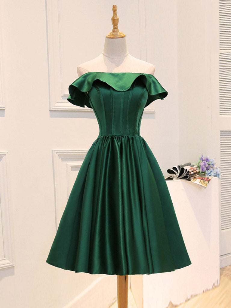 A-Line Satin Green Short Prom Dress, Green Homecoming Dress