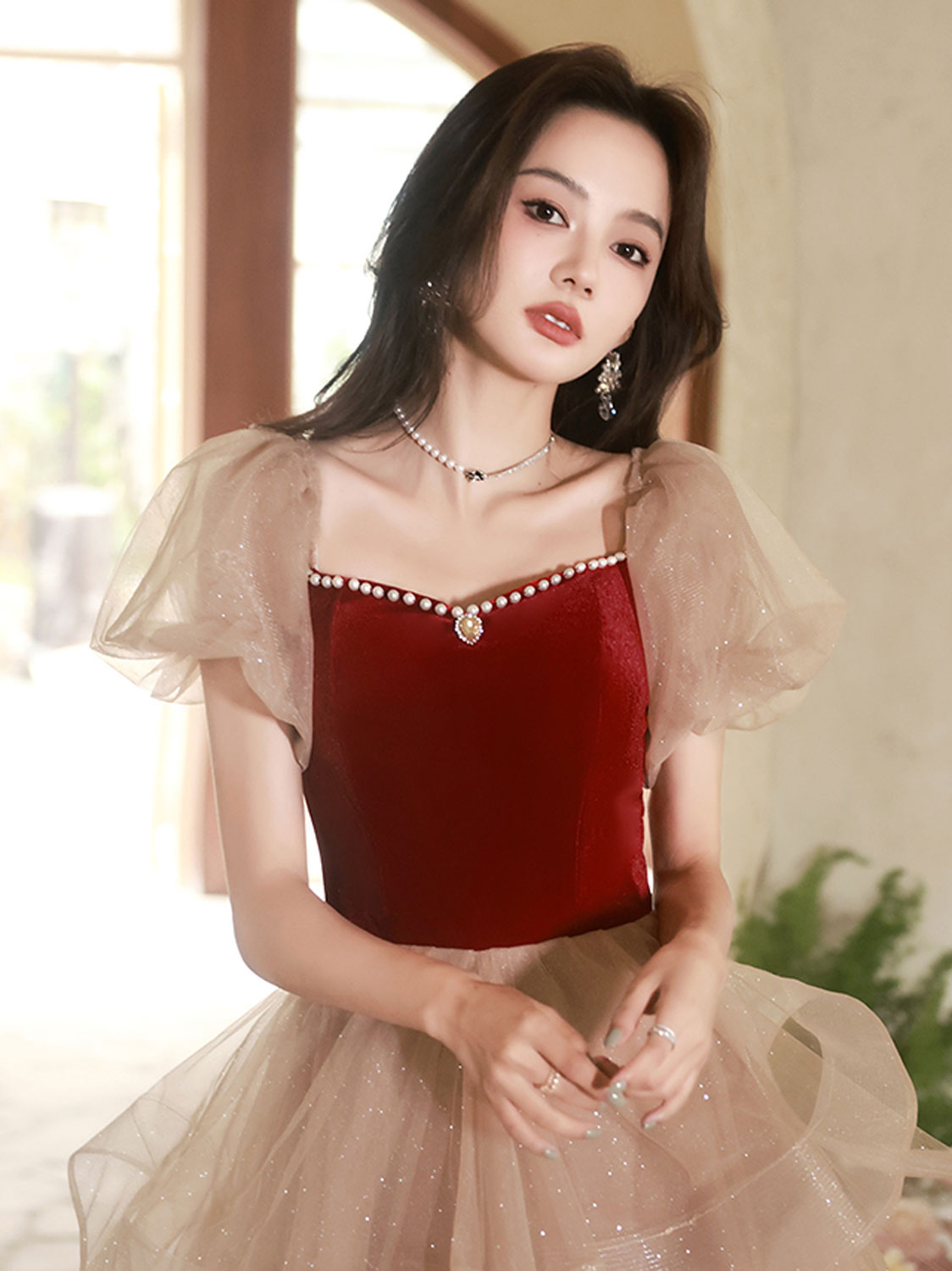 Champagne/Burgundy Tulle Short Prom Dress
