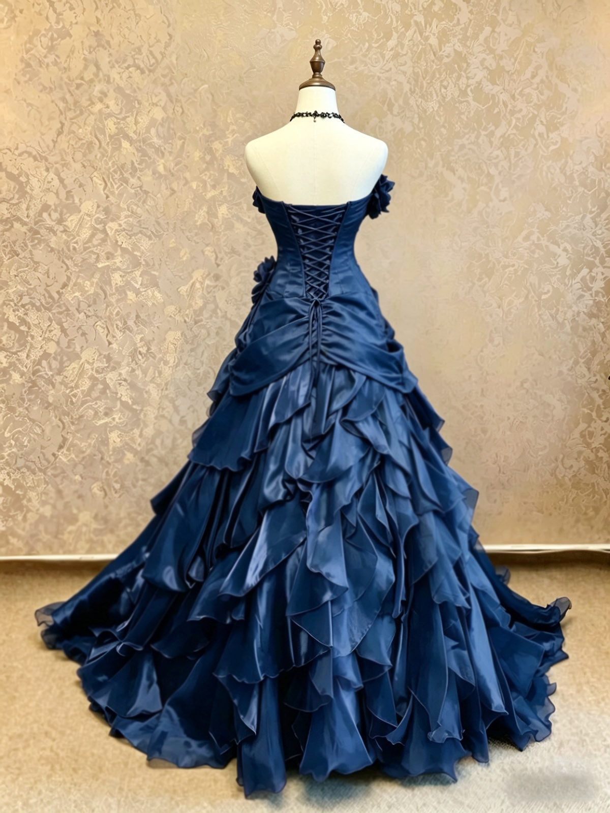 A-Line Sweetheart Ruffles Taffeta Dark Blue Long Prom Dress with Flower