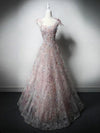 A-Line Sweetheart Neck Tulle Lace Pink Long Prom Dress, Pink Long Formal Dress