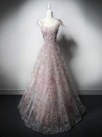 A-Line Sweetheart Neck Tulle Lace Pink Long Prom Dress, Pink Long Formal Dress