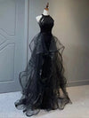 A-Line Tulle Sequin Black Long Prom Dress, Black Long Formal Dress