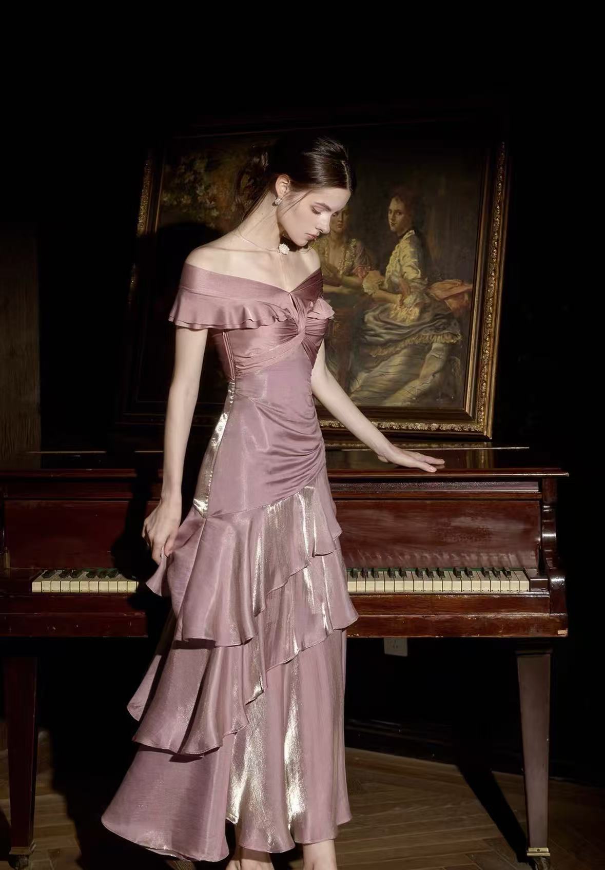Simple Mermaid Off Shoulder Silk Pink Long Prom Dress