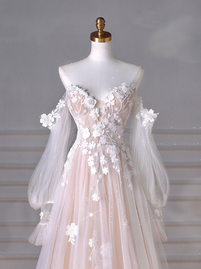 A-Line Sweetheart Neck Long Sleeve Lace Tulle Light Champagne Long Prom Dress