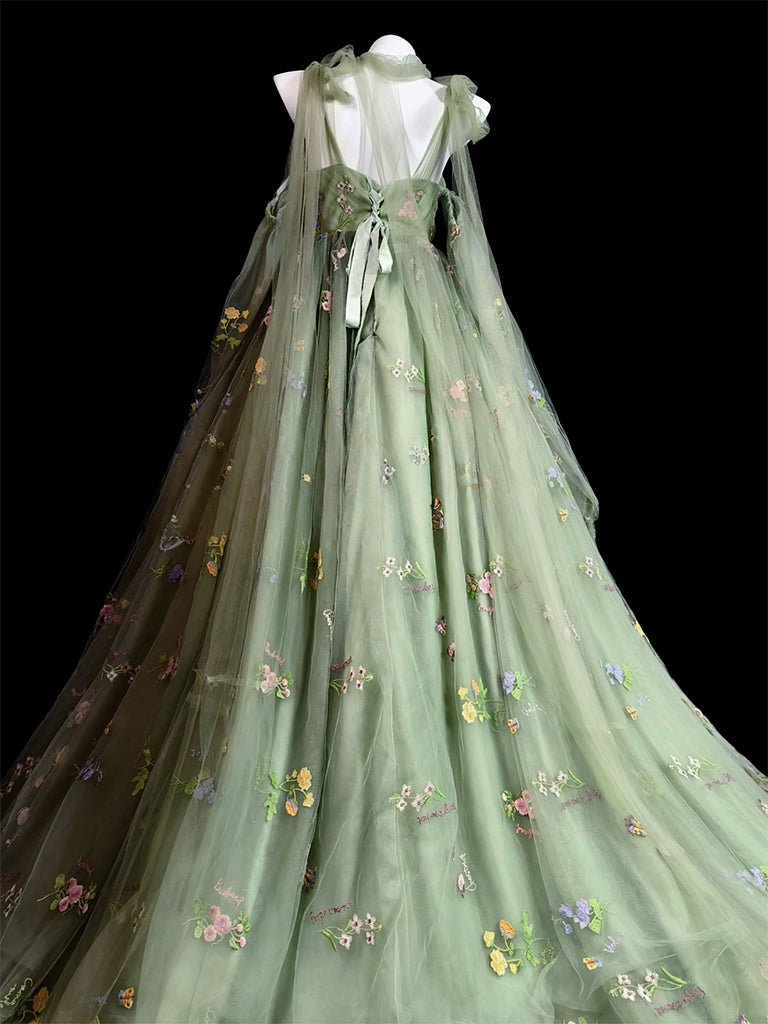 Sweetheart Tulle Lace A-line Sweep Train Green Long Prom Dress