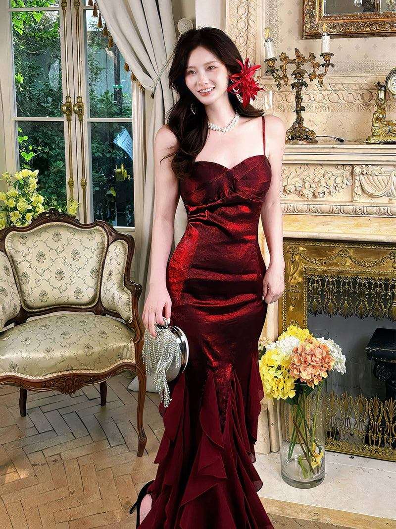 Mermaid Sweetheart Neck Satin Burgundy Long Prom Dress, Burgundy Party Dress