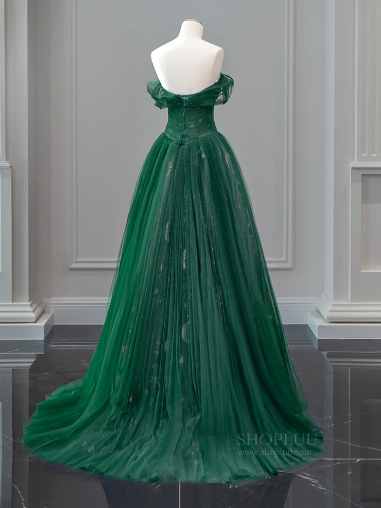 A-Line Off Shoulder Tulle Lace Green Long Prom Dress, Green Long Evening Dress