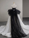 A-Line V Neck Satin Tulle White/Black Long Prom Dress, White/Black Long Formal Dress