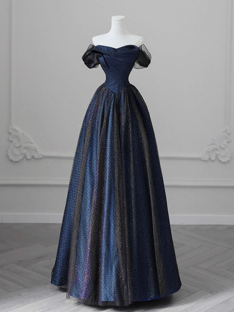 A-line Off Shoulder Satin Tulle Dark Blue Long Prom Dress, Dark Blue Long Formal Dress