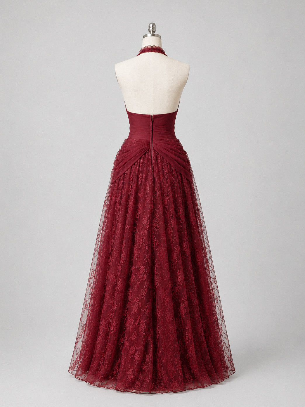A-line V Neck Tulle Lace Floor Length Burgundy Long Prom Dress