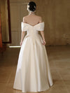 A-Line Off Shoulder Satin White Long Prom Dress, White Long Formal Dress