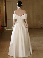 A-Line Off Shoulder Satin White Long Prom Dress, White Long Formal Dress