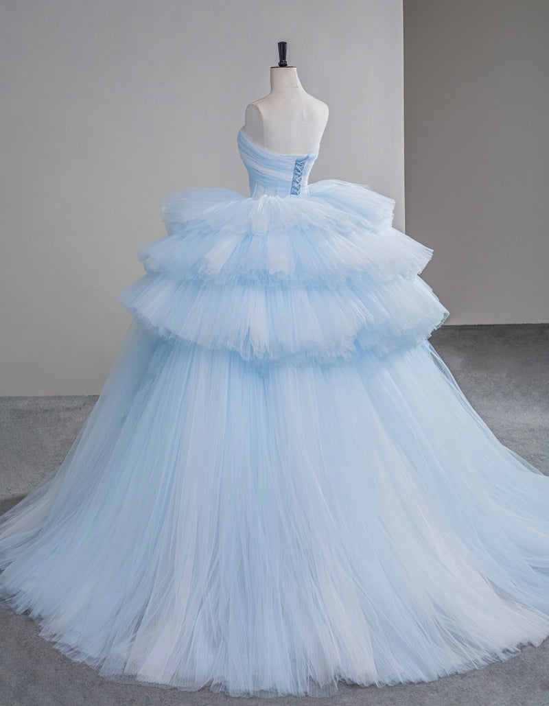 Blue Sweetheart Neck Tulle Long Prom Gown, Blue Sweet 16 Dress