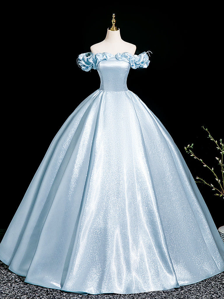 A-Line Off Shoulder Satin Blue Long Prom Dress, Blue Long Formal Dress