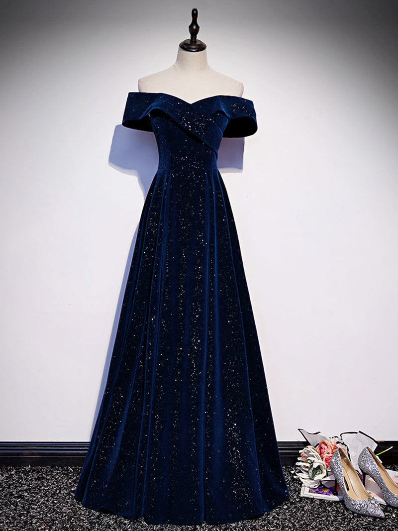 A-Line Off Shoulder Velvet Dark Blue Long Prom Dress, Dark Blue Long Formal Dress