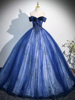 A-Line Off Shoulder Tulle Lace Blue Long Prom Dress, Blue Long Formal Dress