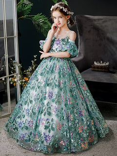 A-Line Scoop Neckline Sequin Lace Tulle Green Long Flower Girl Dress