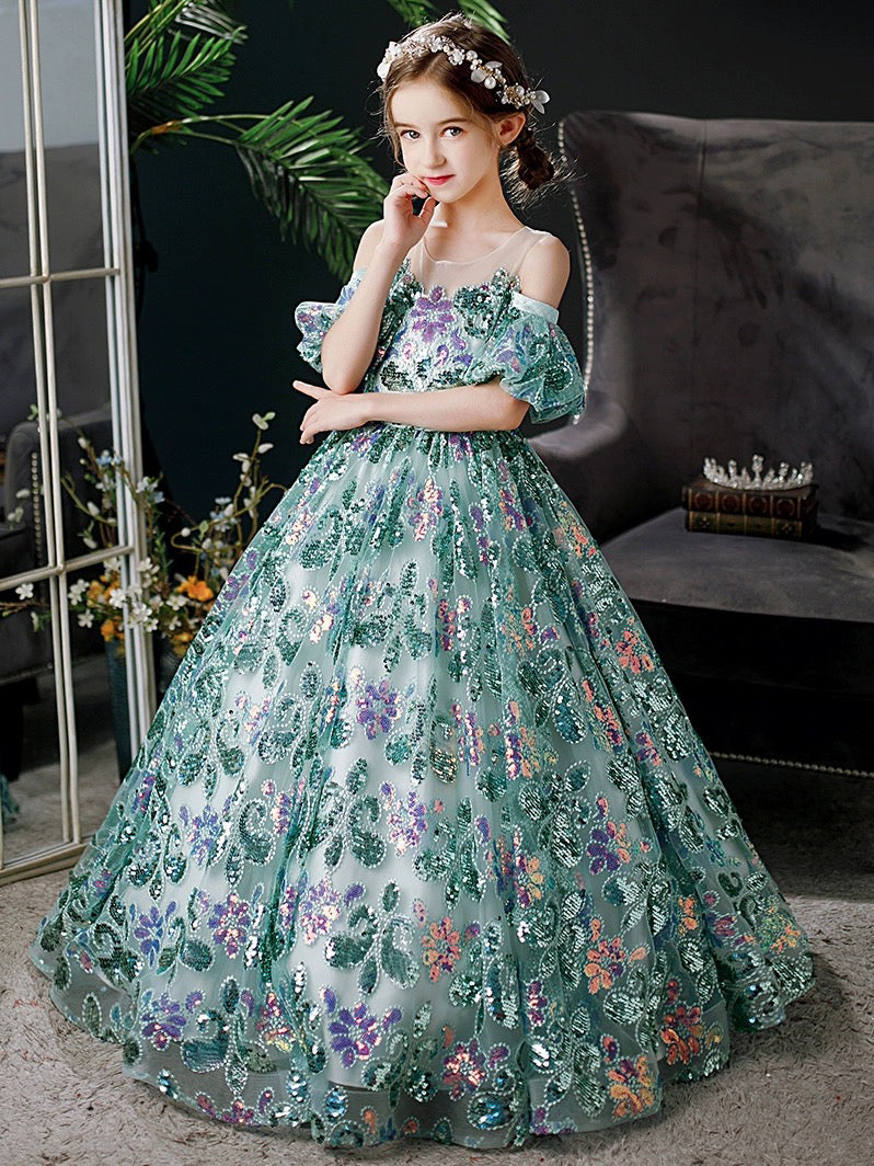 A-Line Scoop Neckline Sequin Lace Tulle Green Long Flower Girl Dress