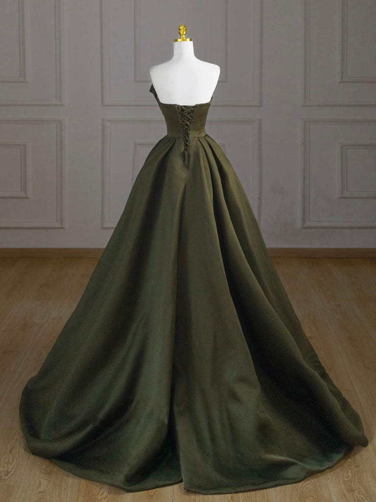 A-Line V Neck Satin Green Long Prom Dress, Green Long Formal Dress