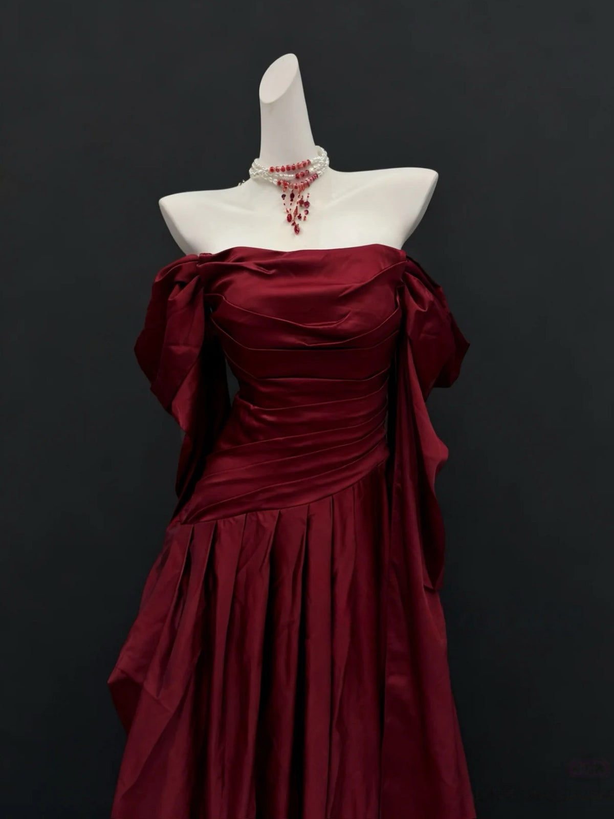 A-Line Off Shoulder Sweep Train Satin Burgundy Long Prom Dress