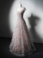 A-Line Sweetheart Neck Tulle Lace Pink Long Prom Dress, Pink Long Formal Dress