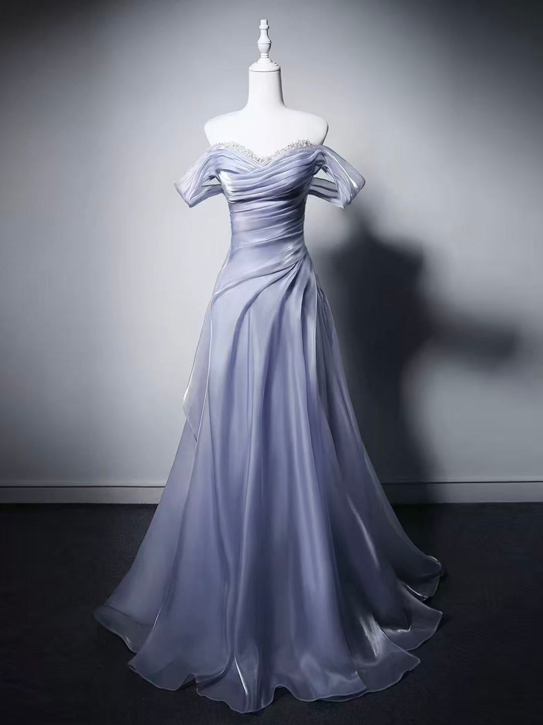 A-line Sweetheart Neck Off Shoulder Light Purple Long Prom Dress with Beads