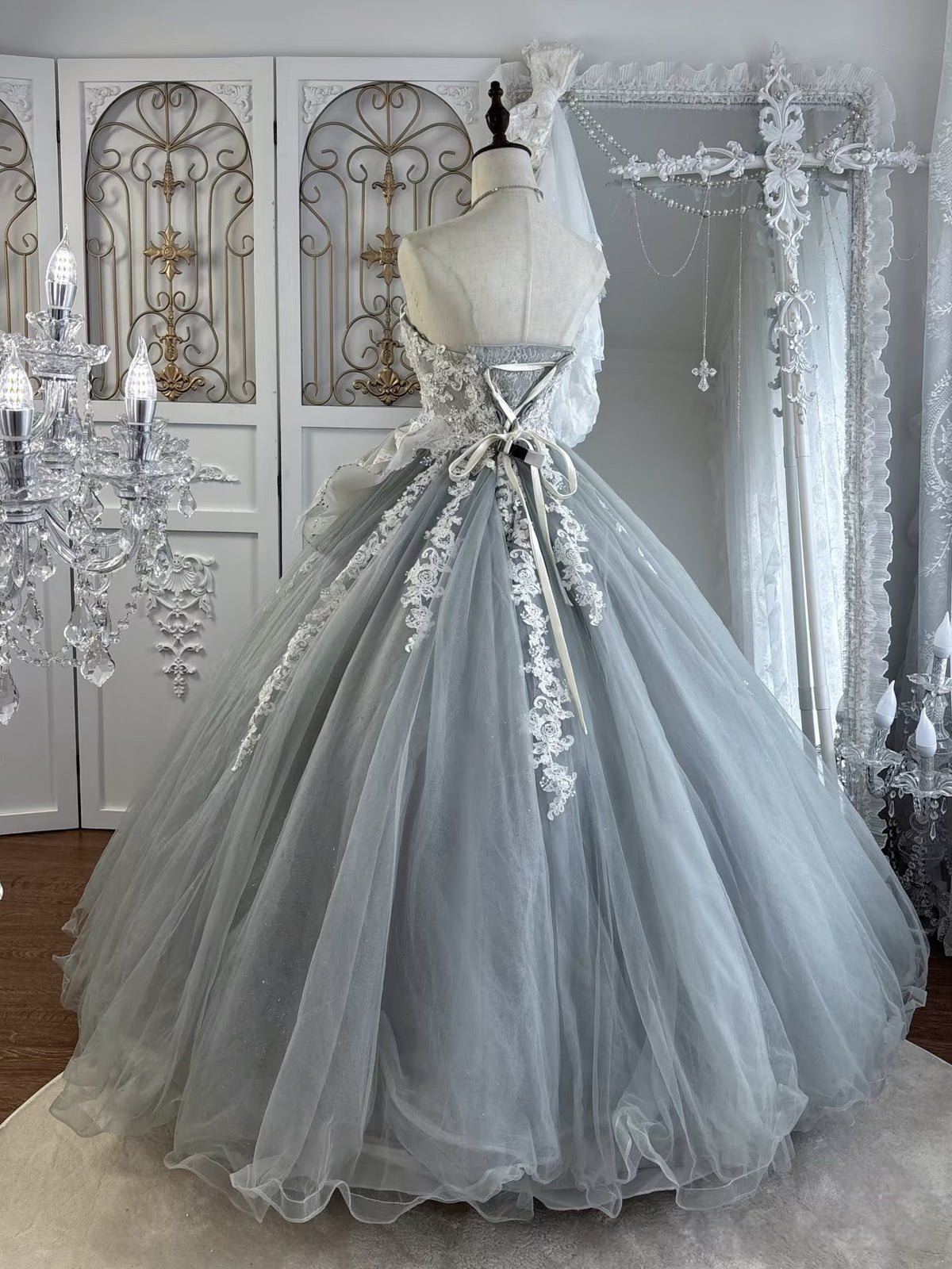 A-line Sweetheart Tulle Lace Floor Length Gray Prom Dress