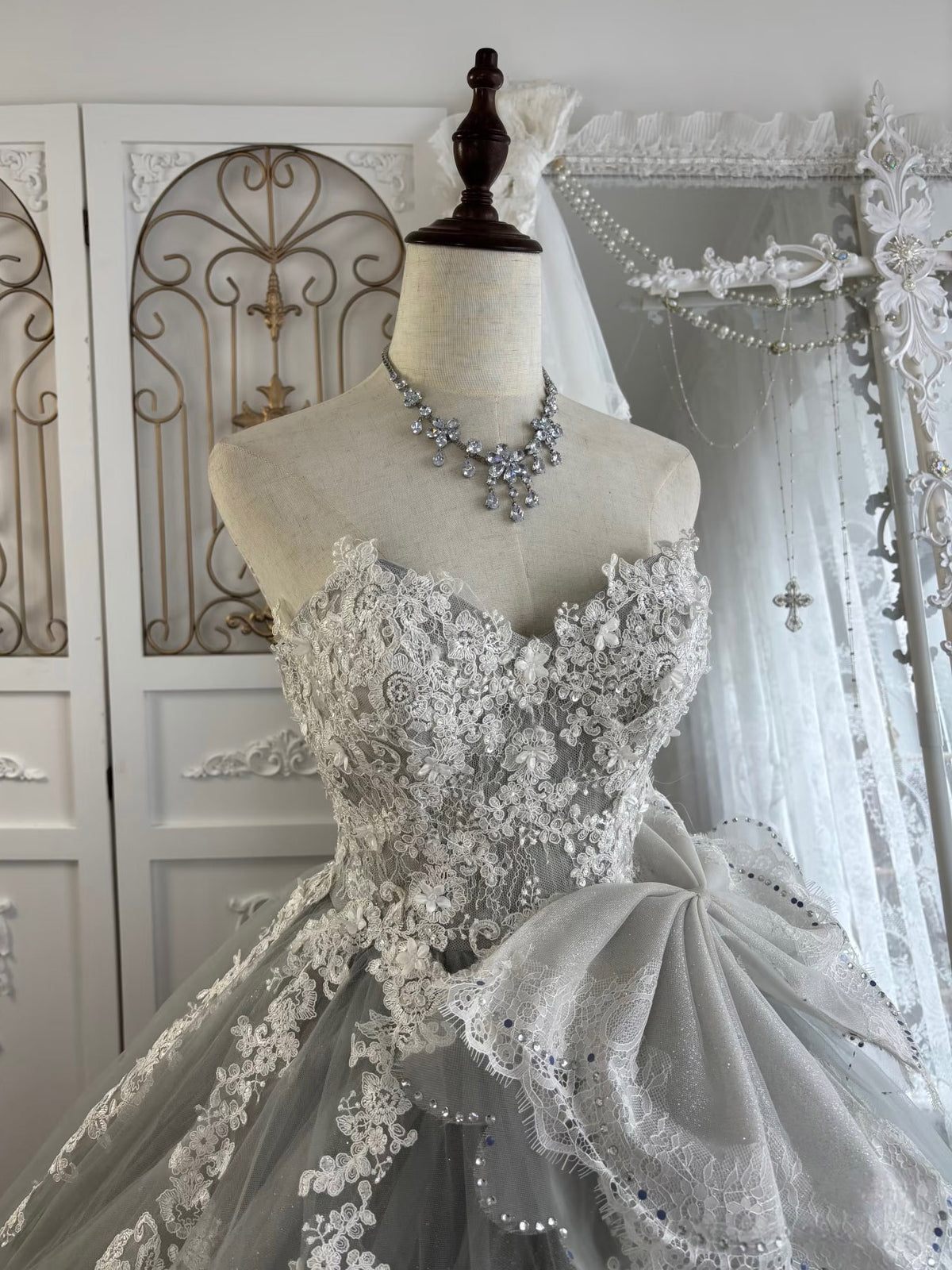 A-line Sweetheart Tulle Lace Floor Length Gray Prom Dress