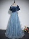 A-Line Tulle Velvet Blue Long Prom Dress, Blue Tulle Formal Dress