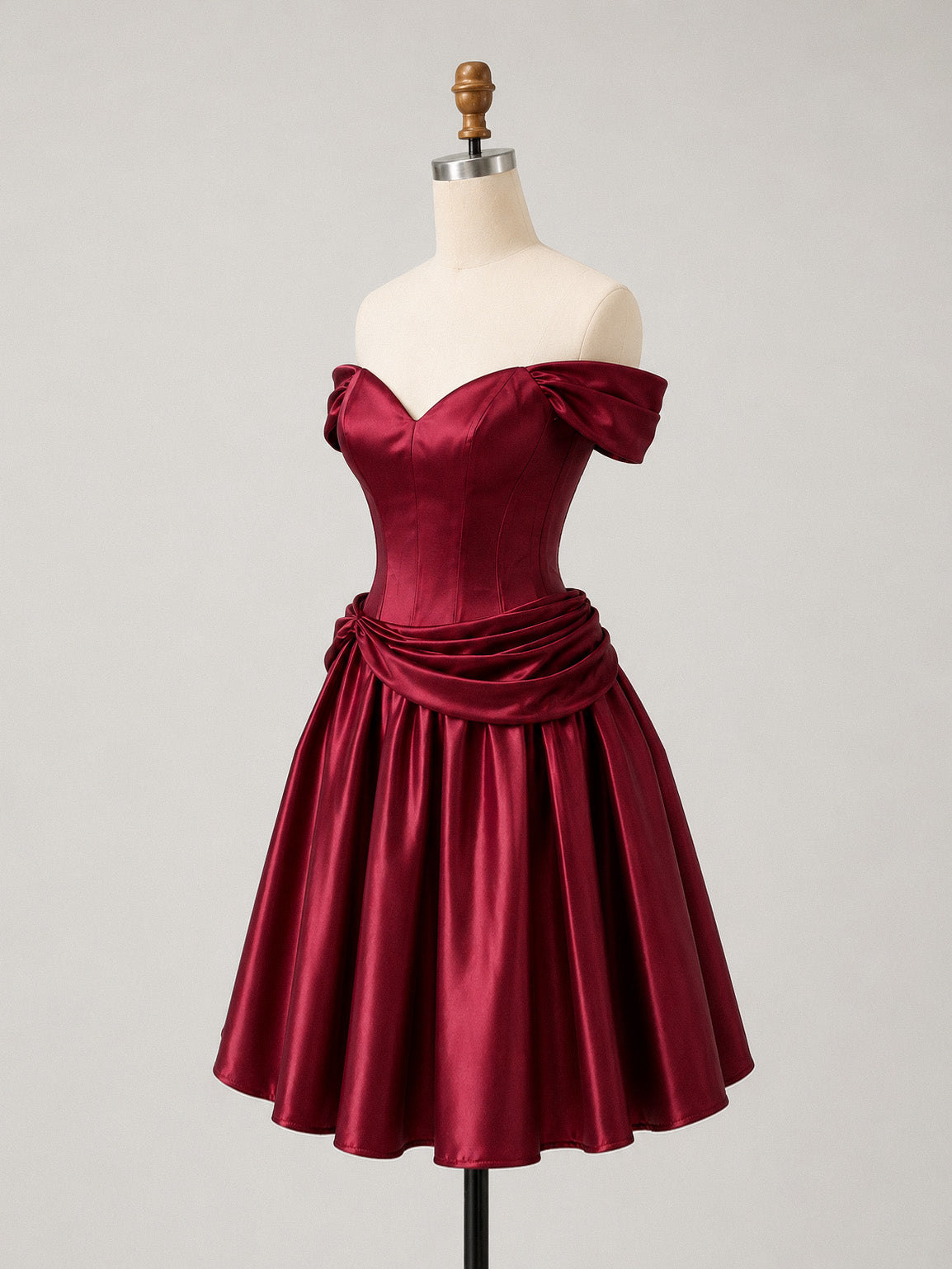A-line Sweetheart Neck Off Shoulder Satin Burgundy Prom Dress
