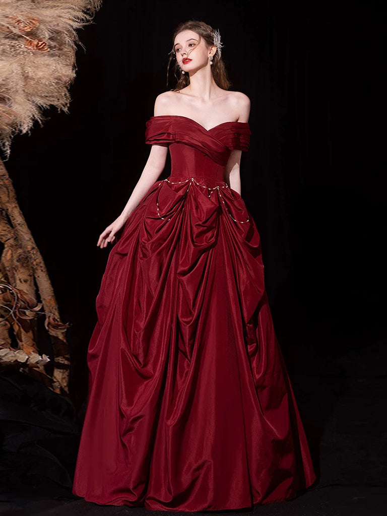 A-Line Off Shoulder Satin Burgundy Long Prom Dress, Burgundy Long Evening Dress