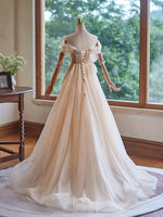 A-Line Off Shoulder Tulle Beads Champagne Long Prom Dress