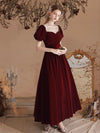 A-Line Velvet Tea Length Burgundy Prom Dress, Burgundy Formal Dress