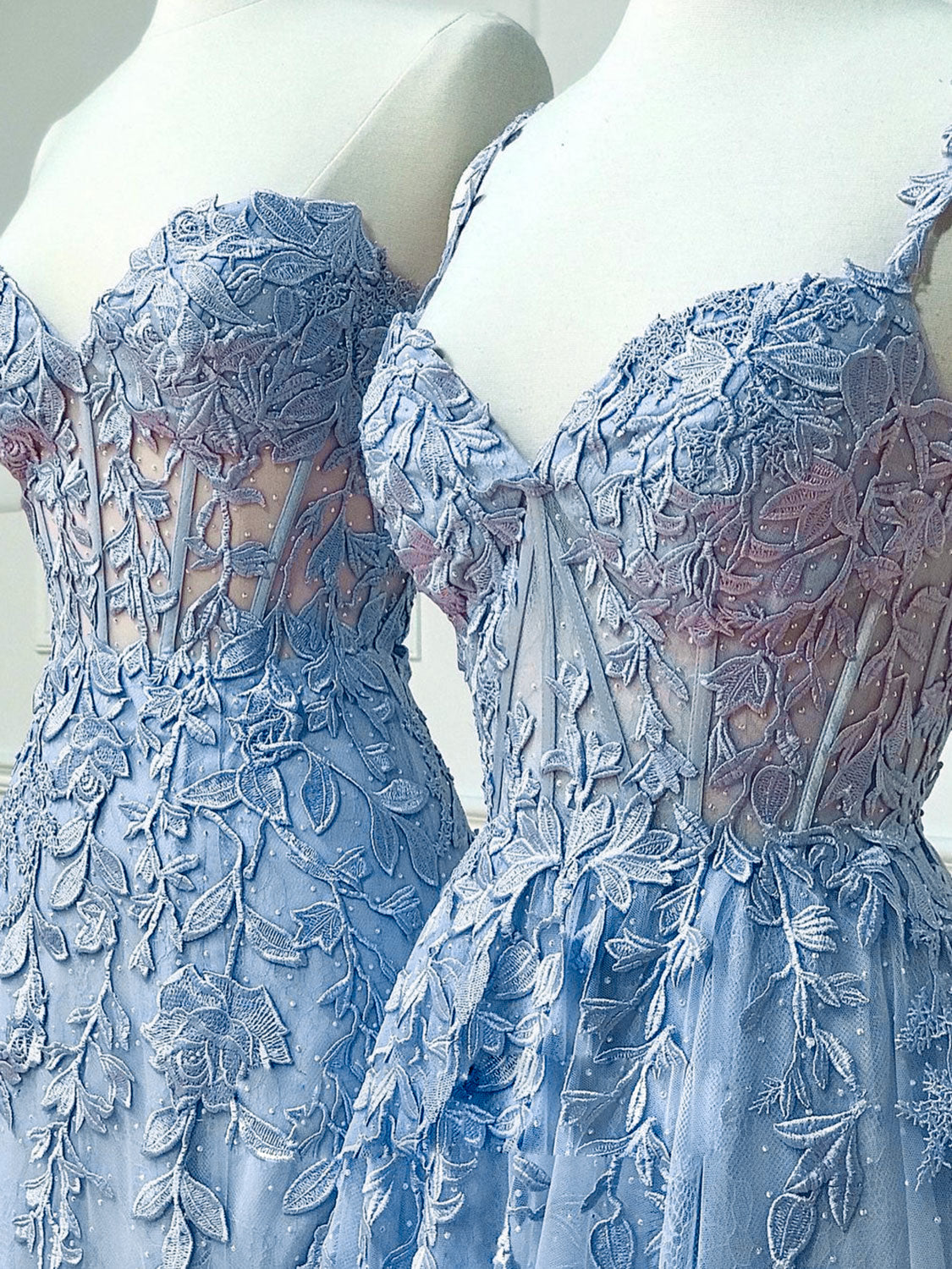 Blue Sweetheart Neck Lace Long Prom Dresses, Blue Lace Graduation Dress