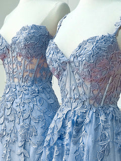 Blue Sweetheart Neck Lace Long Prom Dresses, Blue Lace Graduation Dress