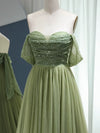 A-Line Off Shoulder Tulle Sequin Green Long Prom Dress, Green Long Formal Dress
